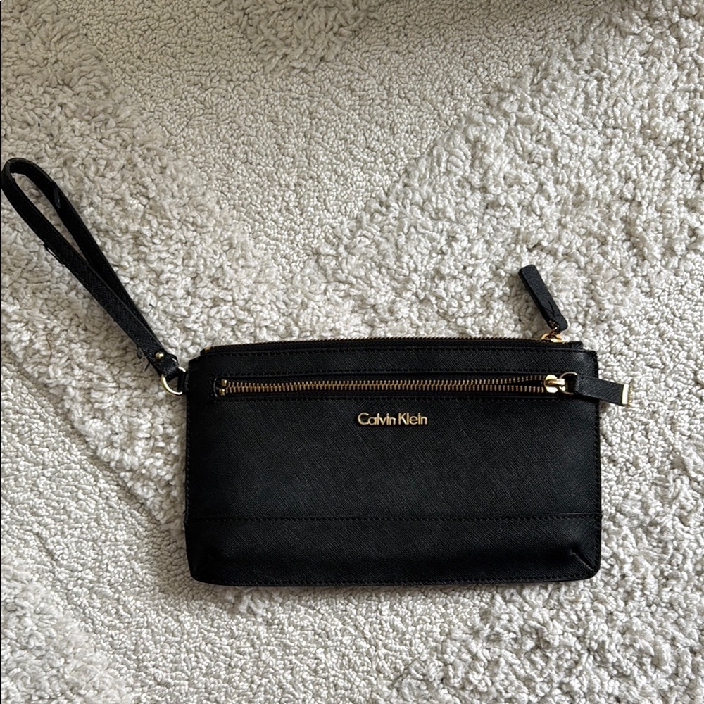 Calvin Klein Black Faux Leather Wristlet Clutch Handbag Gold Hardware